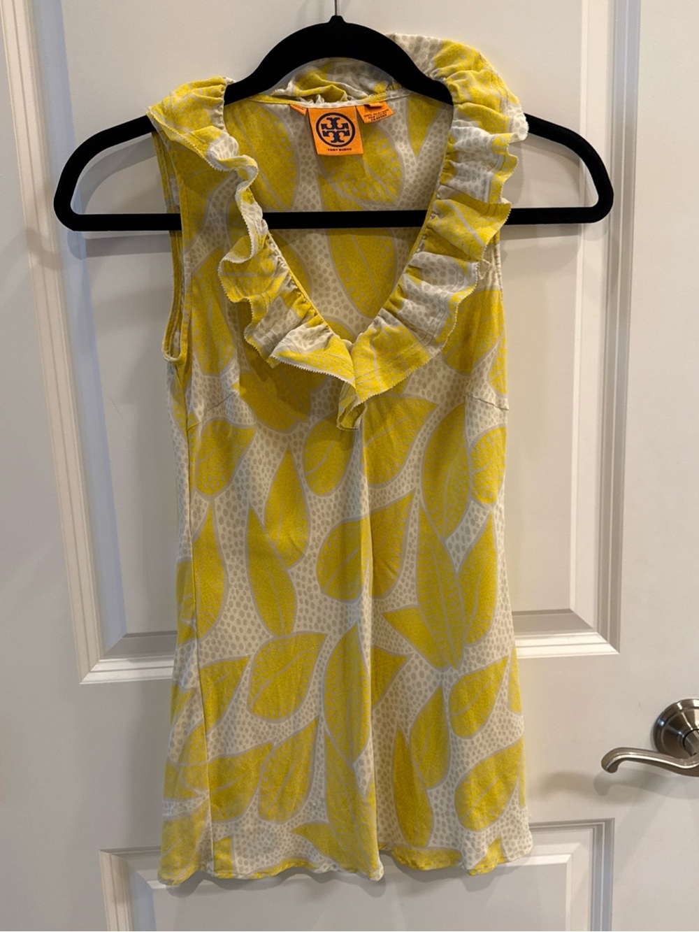 Tory Burch Silk Yellow Ruffle V-Neck Sleeveless Top